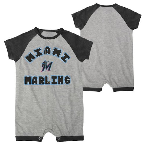 Newborn & Infant Miami Marlins Heather Gray Extra Base Hit Raglan Full-Snap Romper