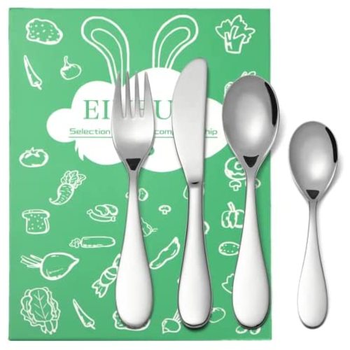 Kids Silverware Set, EIUBUIE18/10 Stainless Steel Metal Toddler Utensils, Safe Reusable Child Cutlery Flatware Includes Fork Knife Table Spoons for Eating(4 Piece, Mirror Polished)