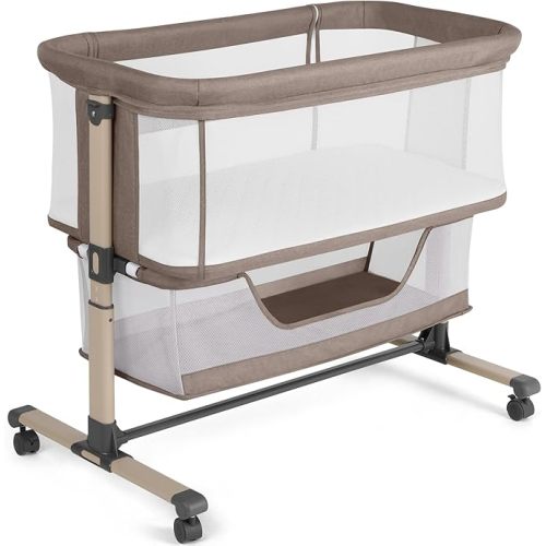 Cowiewie Bassinet Bedside Sleeper, Portable, Breathable, Adjustable Baby Bedside Bassinet for Peaceful Nights, Khaki