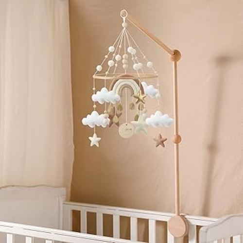Rainbow Mobile for Crib - A Gender Neutral Boho Mobile for Crib with Gold Stars and Clouds