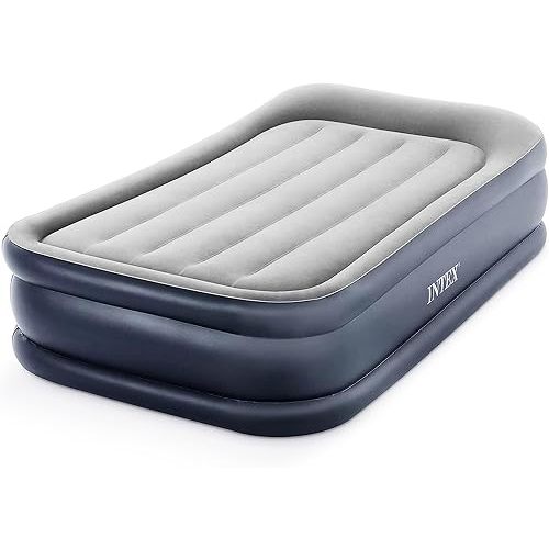 Intex 64131ED Dura-Beam Plus Deluxe Pillow Rest Air Mattress: Fiber-Tech – Twin Size – Built-in Electric Pump – 16.5in Bed Height – 300lb Weight Capacity