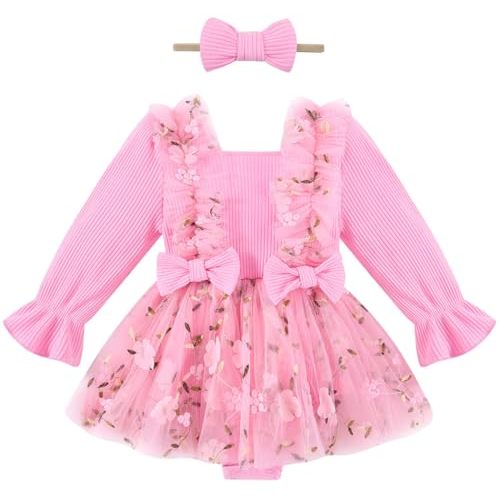 grehava Baby Girl Overall Embroiderry Dress Infant Tulle Skirt 0-18M Longsleeve Romper Infant Bodysuit