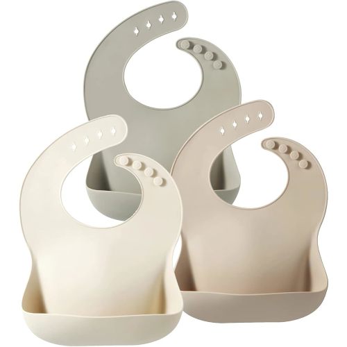 PandaEar Set of 3 Silicone Baby Bibs, Waterproof Soft Adjustable Bibs for Babies Toddlers 10-72 Months (Linen/Tea/Brown)
