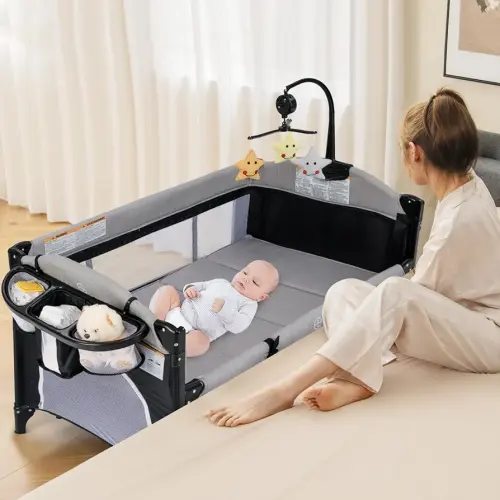 INFANS Pack and Play, 5 in 1 Baby Bedside Sleeper with Bassinet, Diaper Changer, Mattress, Carry Bag, Music Box Hanging Toys, Foldable Bedside Crib, Portable Playard for Newborn Toddlers (Gray)