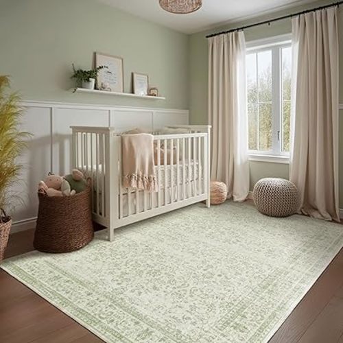 Sage Green Area Rug for Bedroom Neutral Boho Farmhouse Floral Distressed Design 5x8 Rug with Washable No Slip Soft 5 by 8 Area Rugs for Living Room Home Office Dining Room Carpet for Under Table