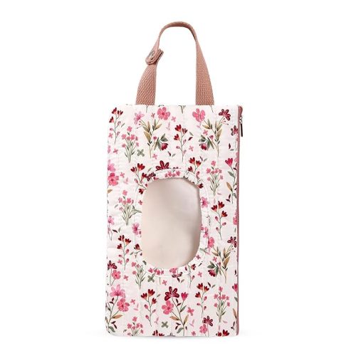 Quilted Baby Wipe Holder Quilted Wipe Pouch Portable Hanging Floral Wet Wipes Bag for Car, Stroller (Pink Flower)