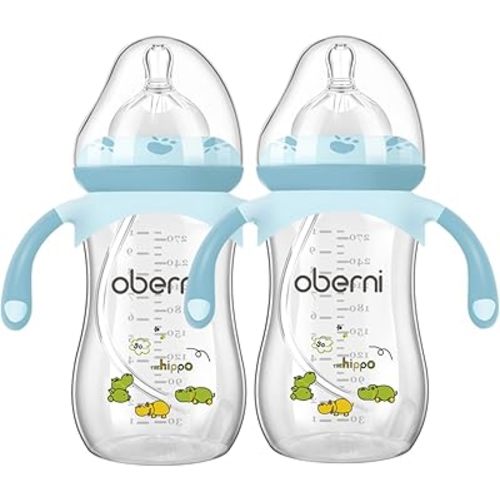 Oberni Baby Bottles, Weighted Straw Toddler Milk Bottles with Non-Slip Handle, Size + Variable Fast Flow, 12+ Months, BPA-Free, Blue/2Pack/9oz