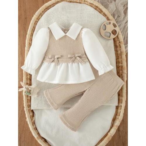 SHEIN 2pcs/Set Newborn Baby Girls Casual Outfit, Collared Patchwork Top And Loose Knit Pants Set, Simple And Fashionable Autumn Fall | SHEIN USA