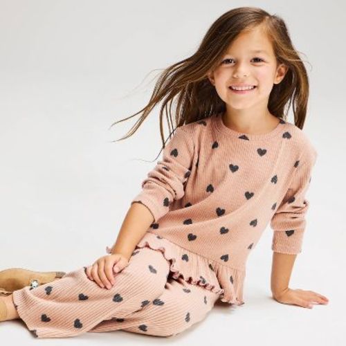 Toddler Girls' Hearts Crewneck Long Sleeve Ruffle T-Shirt - Cat & Jack™ Tan 4T