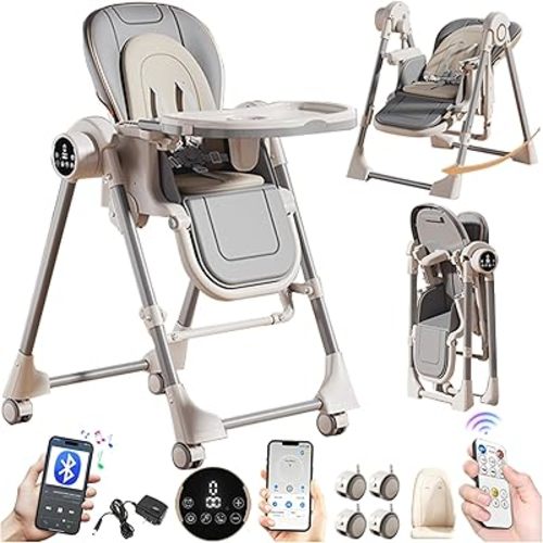 Nine point nine Electric Bluetooth Smart PU Leather Baby High Chair with Swinging Function, High Chairs for Babies and Toddlers, Removable Double Tray Baby Seat Feeding Chairs (E8121 Grey)