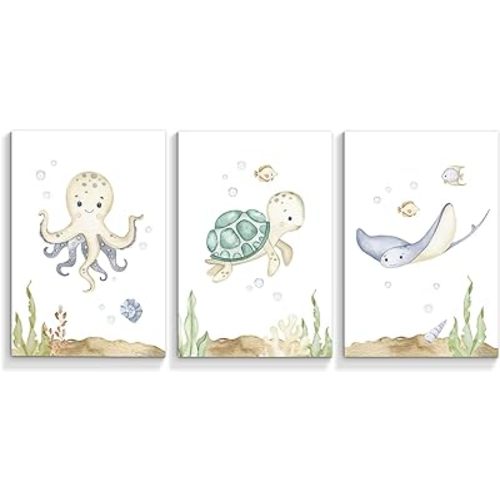 Yuaruo Ocean Animal Nursery Canvas Wall Art, 3 Piece Under The Sea Artwork Poster, Cute Life Aquatic Turtle Octopus Print Painting Decor for Baby Bedroom Playroom Classroom 16x24in Unframed