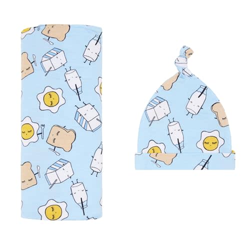 Little Sleepies Swaddle & Hat Set, Baby Swaddles Newborns, Soft Viscose from Bamboo Swaddle Blanket Wrap (Blue Breakfast Buddies)