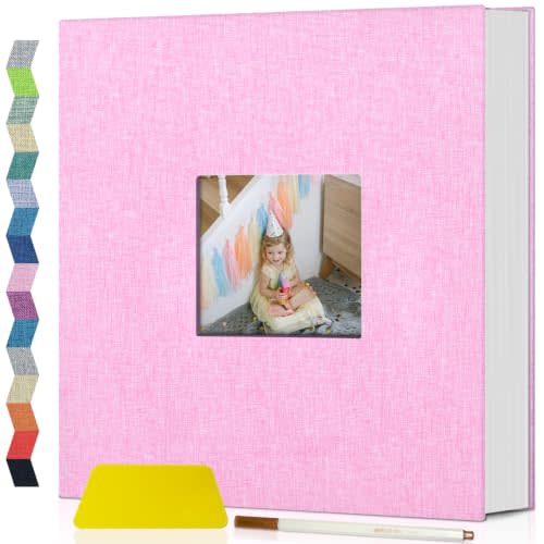 Popotop Photo Album Self Adhesive with Picture Display Window,40 Pages DIY Scrapbooking Supplies Kit for 4x6 8x10 Picture,Linen Cover Memory Book for Baby Wedding, with Scraper and Metallic Pen