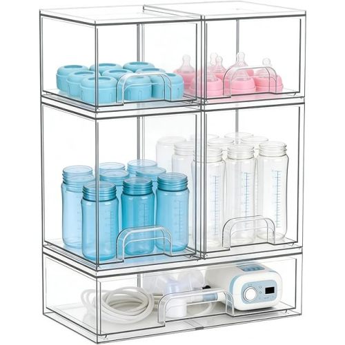 Baby Bottle Organizer, Large Capacity Stackable Acrylic Storage with Non-Slip Pads, for Baby Bottles, Pump Parts, Kitchen Countertop, Pantry, Vanity, 5-Piece