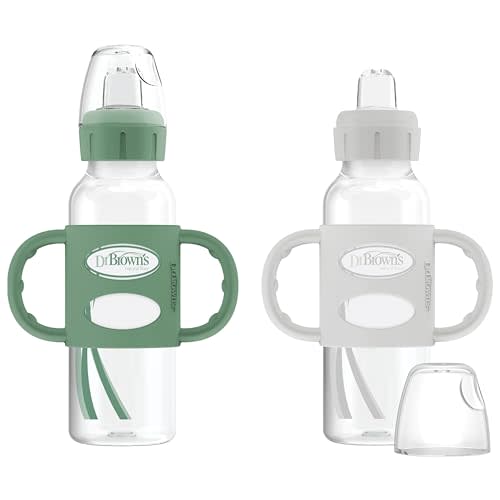 Dr. Brown's Milestones Narrow Sippy Spout Bottle with 100% Silicone Handles, Easy-Grip Handles with Soft Sippy Spout, 8oz/250mL, Green & Gray, 2-Pack, 6m+