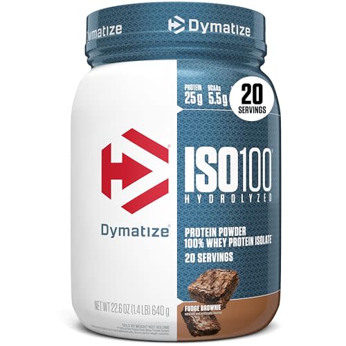 Dymatize ISO100 Whey Protein Powder Isolate, Fudge Brownie, 25g of Protein, 5.5g BCAAs, Less Than 120 Cal., Gluten Free, 1g Fat, 1g Sugar, 2g Carb (20 Servings)