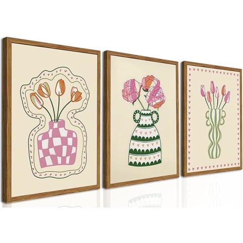 Framed Boho Floral Canvas Wall Art Set of 3, Pink Tulip Flower Paintings Wall Decor, Abstract Botanical Pictures Prints Minimalist Home Decor Aesthetic for Living Room Bedroom Office 12×16 inch