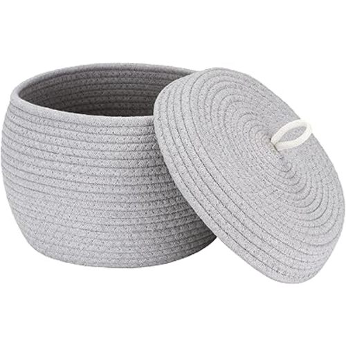 Sea Team Round Cotton Rope Storage Basket with Lid, Decorative Woven Storage Bin, Pot, Caddy, Organizer, Container for Snacks, Towels, Plants, 10 x 7.5 Inches (Small, Grey)