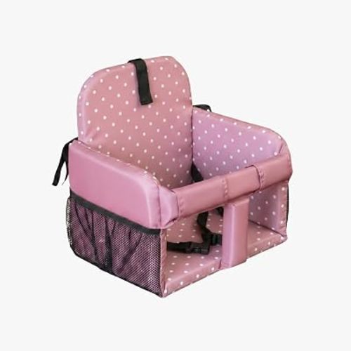 High Chair Insert & Shopping Cart Seat for Baby, Padded Sit-Up Support Cushion with Safety Buckle for Restaurant High Chairs, Grocery Carts & Swings, Foldable Portable, 4+ Months, Pink Dots