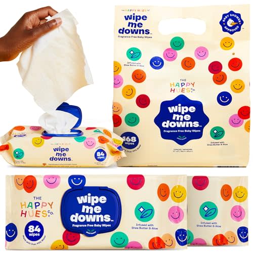 The Happy Hues Wipe Me Downs Baby Wipes–Ultra-Soft,Hypoallergenic,Unscented Water Wipes with Shea Butter & Aloe–Gentle Wet Wipes for Sensitive Skin, Nourishing Baby-84 Flushable Wipes (Pack of 2)