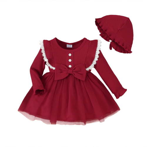 18 Months Baby Girls Dress 24 Months Girls Long Sleeve Dress Solid Color Round Neck Toddler Girls Tulle Dress with Hat Red