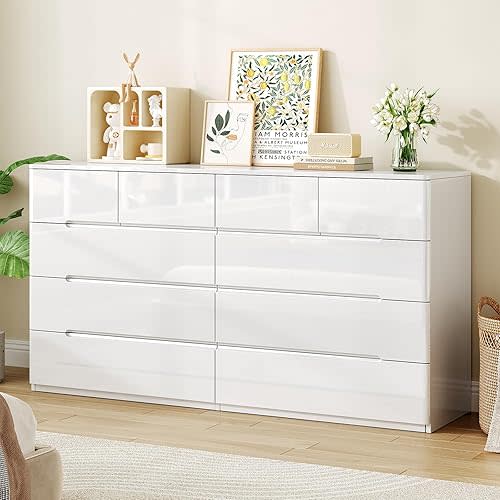 ZORPLIX 10 Drawer White Dresser for Bedroom, 55" Long Dresser Chest of Drawers, Large High Gloss Modern Storage Cabinet with Big Drawers Handle Free, Living Room, Entryway, Hallway