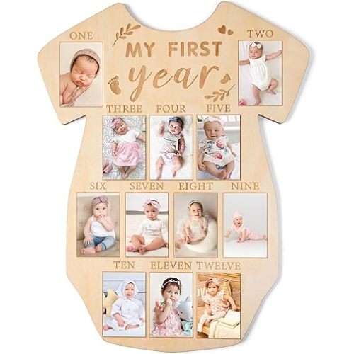 R HORSE My First Year Photo Display Wood Board, Baby’s First Year Picture Frame 12 Months Milestone Sign Bodysuit Shape 1st Birthday Photo Frame Baby Keepsake Board Nursery Decor Gift for Boy Girl