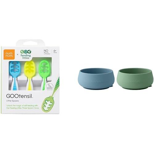 NumNum Feeding Littles, 3 Spoons, Neon Plus 2 Bowls, 4+ Months, Blue/Glacier Green