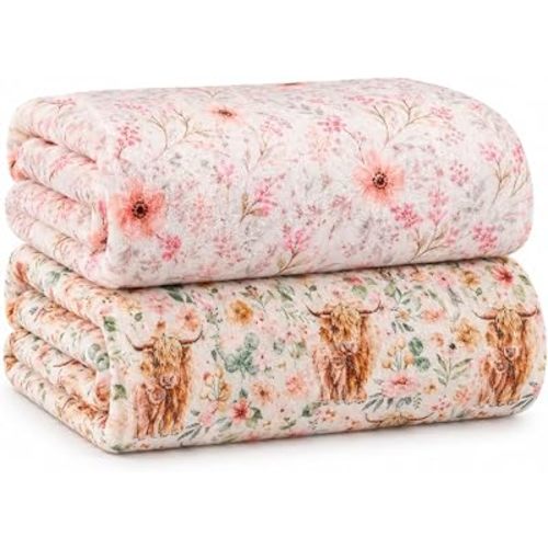2 Pack Baby Blanket for Boys and Girls, 30 x 40 Inch Soft Flannel Fleece Receiving Blankets, Floral Highland Cow Newborn Stroller Crib Blankets, Baby Boy Girl Essentials