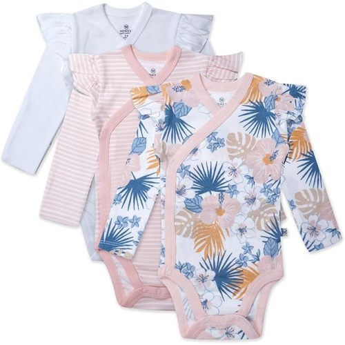 3 Pack Long Sleeve Side Snap Ruffle Shoulder Bodysuit 100% Organic Cotton for Infant Baby and Toddler Girls