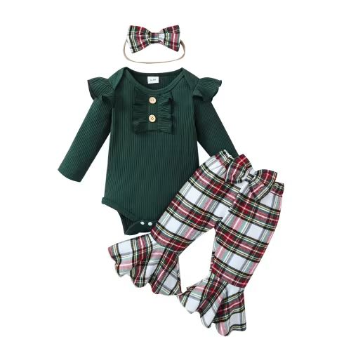 Elippeo Baby Girl Christmas Clothes 3M 6M 12M 18M Ribbed Long Sleeve Romper with Plaid Flare Pants and Bow Headband Outfit