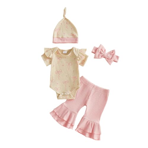 Twopumpkin Premmie Newborn Baby Clothes Girl 0 3 6 9 Month Outfits Ribbed Romper Bell Bottoms Pants Hat Headband 4PCS Sets