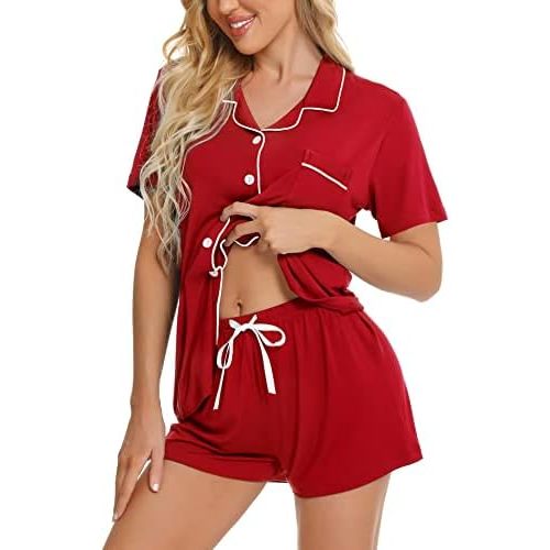 SWOMOG Womens Button Down Pajamas Set Short Sleeve Sleepwear Bride Soft Pj Lounge Sets XS-3XL