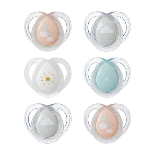 Tommee Tippee Nighttime Pacifiers, 0-6 Months, 6 Pack of Glow in The Dark Pacifiers with Symmetrical Silicone Baglet - Pink Pastels - 6 Count