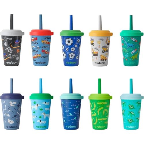 REDUCE GoGo's Kids Portable Tumbler Cups with Lids and Spill-Proof Straws - 10 Pack of Stackable 12 oz Tumblers with Twist-On Lids - Easy Storage, Dishwasher Safe - Club House