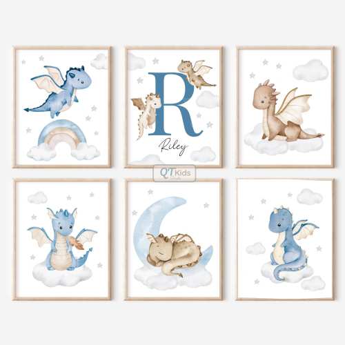 Blue Dragon Nursery Prints, Personalized Boy Name Print, Kids Bedroom Playroom Wall Art, Mythical Fairytale Castle Posters, DIGITAL DOWNLOAD