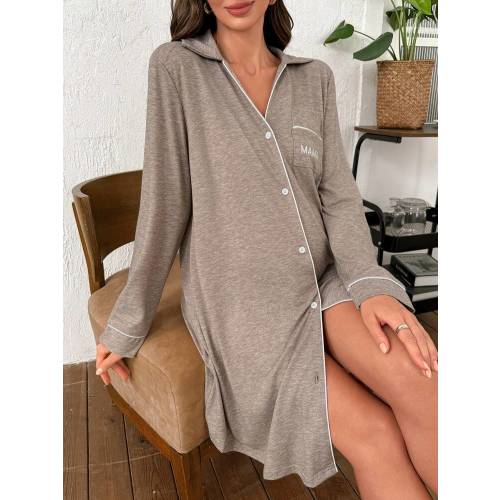 Moonlight&Mama Maternity Casual Loose Turndown Collar Pocket Embroidered Knit Long Sleeve Dress, Winter Button Down Nightgown Sleep Wear Women Button Front Long Sleeve Nightgown Women Pajama Dress Loungewear Dress | SHEIN USA