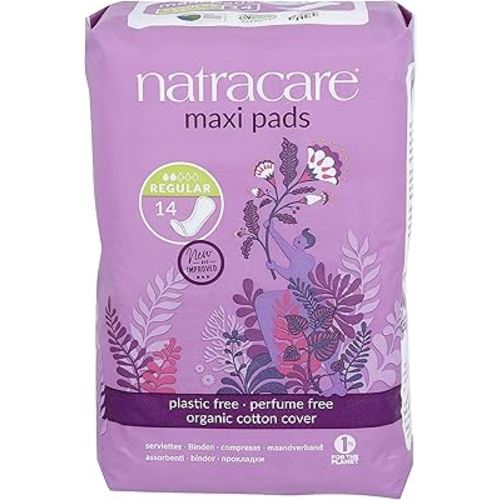 Natracare Natural Traditional Style Maxi Pads, Regular, Individually Wrapped, Without Wings in Plant-Based Bag (1 Pack, 14 Pads Total)