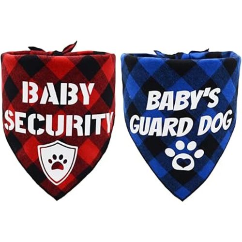Baby Security Dog Bandana - Baby's Guard Plaid Triangle Pet Bandana for New Baby Shower Photograph Props - Scarf Bibs Scarves Decorations in Blue and Red