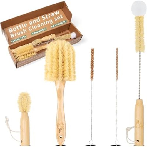 Bamboo Bottle Brush Set, Plastic Free Bottle & Straw Cleaning Kit