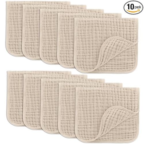 Comfy Cubs Muslin Burp Cloths 20" x 10", Pack of 10 - Large, 6-Layer, Ultra Absorbent 100% Cotton for Baby Drool and Messes - Soft, Safe & Gentle Baby Burp Cloths for Boys & Girls - Sand