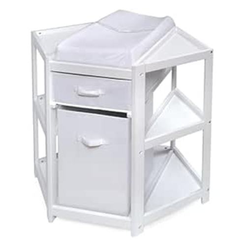 Badger Basket Corner Baby Changing Table - Space-Saving Diaper Changing Station for Nursery with Storage Bin, Changing Pad and Safety Belt - Organizer for Newborn and Infant Essentials - White