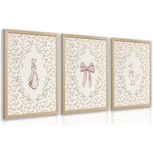 PORENY Baby Girl Nursery Wall Art Set of 3, Pink Bow Rabbit Goose Canvas Prints, Cute Floral Nursery Decor, Vintage Neutral Animal Artwork for Girls Room Kids Bedroom Wood Framed 12x16 Inch