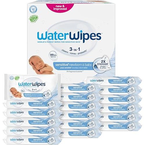 WaterWipes Sensitive+ Newborn & Baby Wipes, 3-In-1 Cleans, Cares, Protects, 99.9% Water, Unscented & Hypoallergenic, 720 Count (12 Packs)