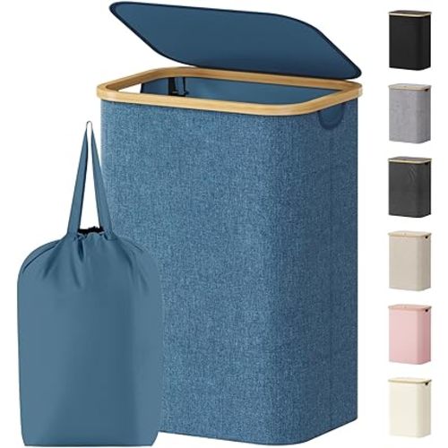 Lifewit 80L Laundry Basket with Lid, Clothes Hampers for Laundry with Bamboo Handles and 1 Removable Bag, Large Foldable Laundry Hamper for Bedroom, Bathroom, Dorm, Laundry Room, Dark Blue