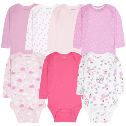 Everyday Kids 7-Pack Pink Long Sleeve Baby Bodysuits – 100% Soft Cotton with Cute Hearts, Clouds, Animals and Solid Colors, Newborn