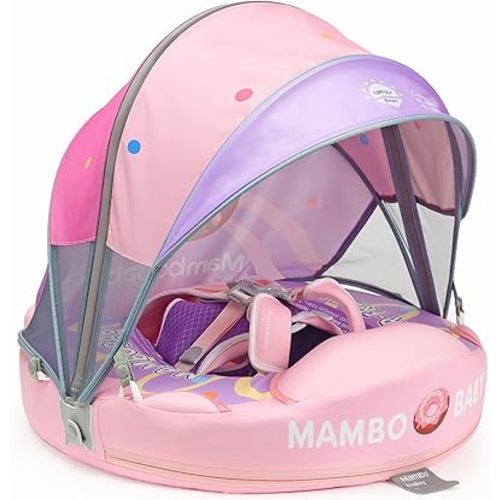 Mambobaby Float with Tail and Canopy Non-Inflatable Baby Swim Float Mambo Float Smart Swim Trainer Infant Swim Pool Float Swim Ring for 3-24months Girls Boys