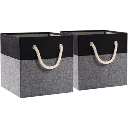 PRANDOM Large Foldable Cube Storage Bins 11x11 inch [2-Pack] Fabric Linen Storage Baskets Cubes Drawer with Cotton Handles Organizer for Shelves Nursery Closet Bedroom Black