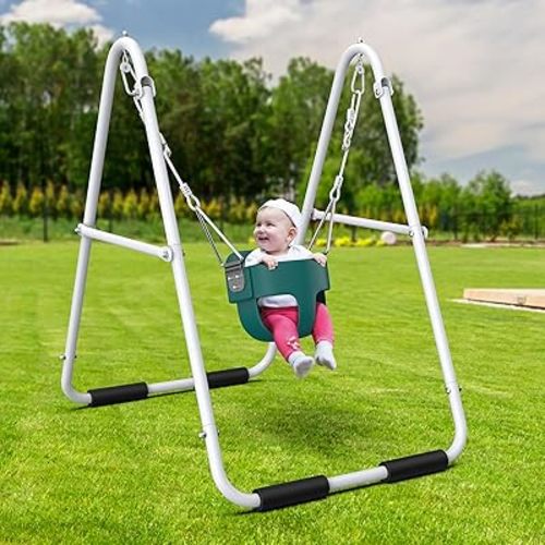 Hapfan Toddler Swing with Stand, Heavy Duty Baby Indoor Outdoor Swing Set with Bucket Seat, Foldable Metal Frame, 55lbs Capacity