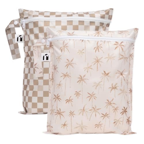 Bumkins Roamio - Waterproof Wet Bag - For Baby, Travel, Swim Suit, Cloth Diapers, Pump Parts, Pool, Gym, Toiletry, Strap to Stroller - Reusable & Easy to Clean - 2pk - Beige Check